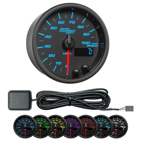 GlowShift Black 7 Color 100 MPH GPS Speedometer Gauge with Speed Sensor Antenna - Mounts in Custom Dashboard - Odometer - Resettable Trip Meter - Black Dial - Clear Lens - 3-3/8" 85mm in Saudi Arabia