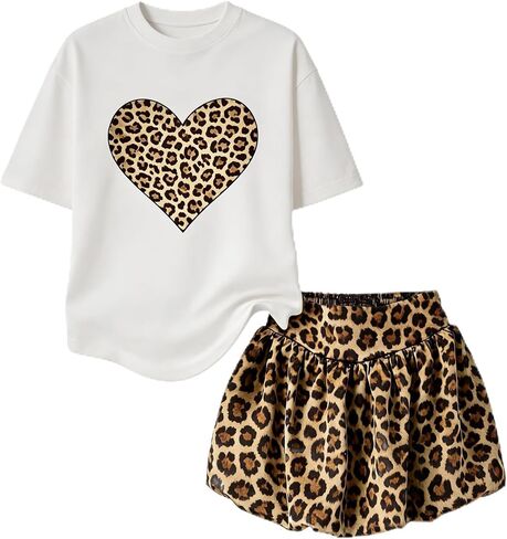 الفتيات ملابس 2 قطعة الصيف Shired تنورة مجموعات ليوبارد طباعة فقاعة تنورة القلب قميص مطبوع مجموعة حجم 6-14 سنة in Kuwait