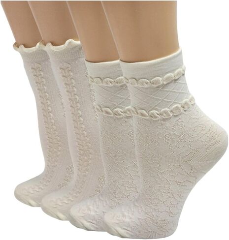 Opa! 4 Pairs White Cute Socks, Women's lace Ruffles Ankle Casual Sock, Cottagecore Breathable Socks, Floral Crew Socks in Saudi Arabia