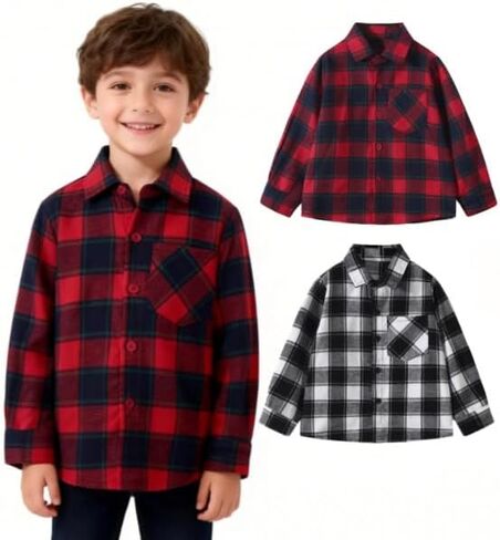 Boys Plaid Flannel Shirt 2 Piece Boy Clothes Long Sleeve Button Down Tops Outfits in Saudi Arabia