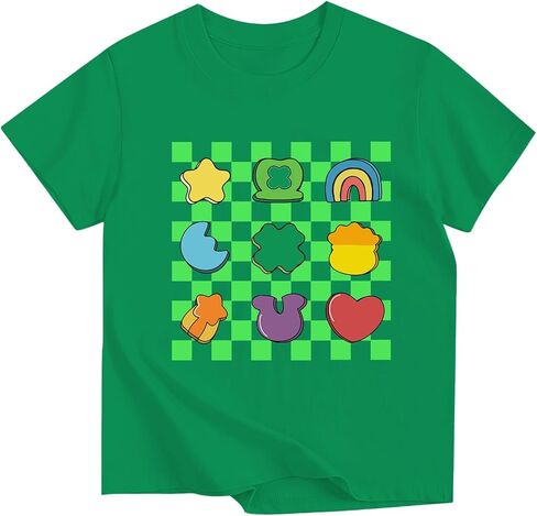 تي شيرت للأولاد والبنات لعيد القديس باتريك لاكي كلوفر بيسبول قطني بأكمام قصيرة من 3 إلى 13 سنة in Kuwait