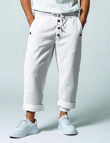 Men Casual Pants, Drawstring Button Waist Loose Fit Beach Pants for Spring and Fall in Saudi Arabia