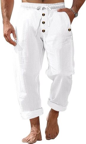 Men Casual Pants, Drawstring Button Waist Loose Fit Beach Pants for Spring and Fall in Saudi Arabia