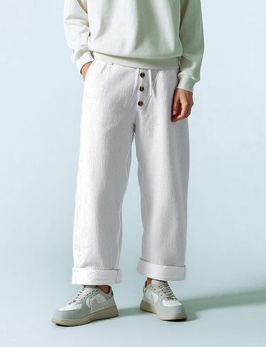 Men Casual Pants, Drawstring Button Waist Loose Fit Beach Pants for Spring and Fall in Saudi Arabia