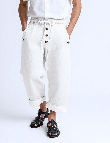 Men Casual Pants, Drawstring Button Waist Loose Fit Beach Pants for Spring and Fall in Saudi Arabia