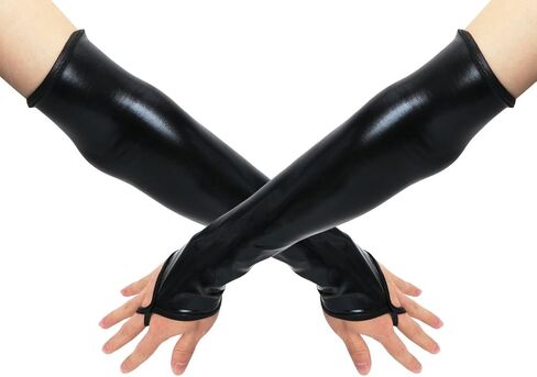 قفازات Thereisno طويلة مثيرة ذات ملمس معدني أسود من الجلد الصناعي وأكمام للذراع زي وشاح شال جديد in Kuwait