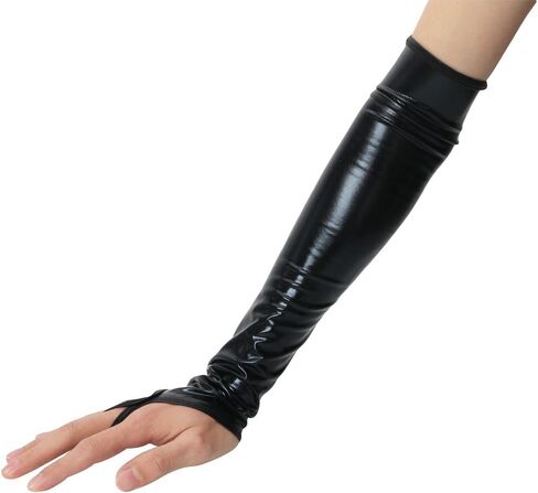 قفازات Thereisno طويلة مثيرة ذات ملمس معدني أسود من الجلد الصناعي وأكمام للذراع زي وشاح شال جديد in Kuwait