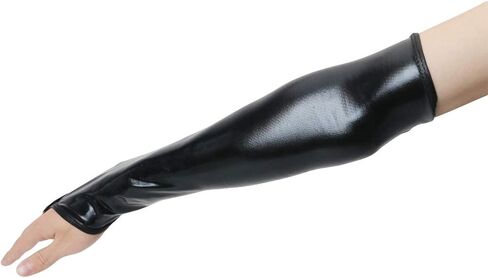 قفازات Thereisno طويلة مثيرة ذات ملمس معدني أسود من الجلد الصناعي وأكمام للذراع زي وشاح شال جديد in Kuwait