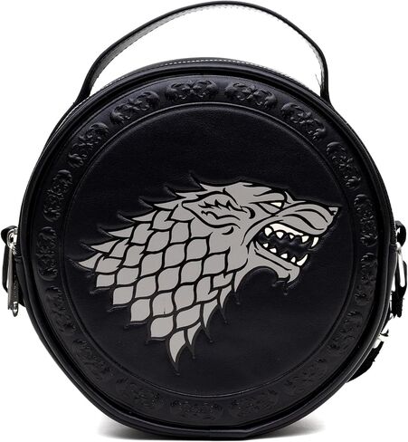 حقيبة كروس دائرية من الجلد النباتي من Game of Thrones مع أشرطة قابلة للتعديل، منقوشة ومخرمة من House of Stark Sigil، باللون الأسود in Saudi Arabia