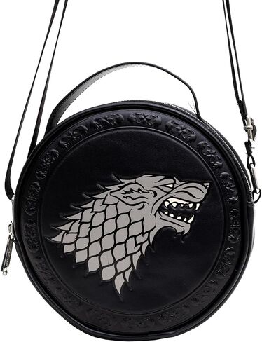 حقيبة كروس دائرية من الجلد النباتي من Game of Thrones مع أشرطة قابلة للتعديل، منقوشة ومخرمة من House of Stark Sigil، باللون الأسود in Saudi Arabia