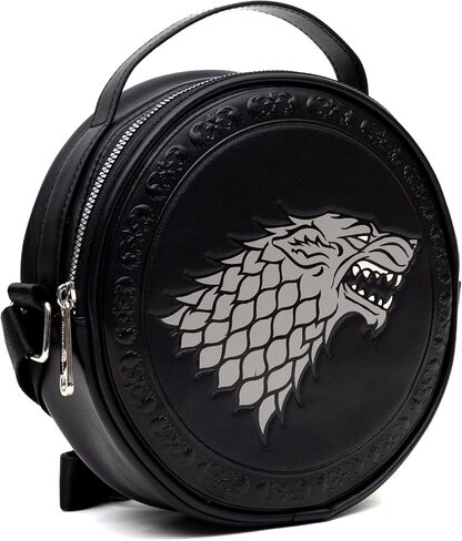 حقيبة كروس دائرية من الجلد النباتي من Game of Thrones مع أشرطة قابلة للتعديل، منقوشة ومخرمة من House of Stark Sigil، باللون الأسود in Saudi Arabia
