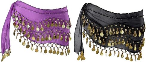 2 Pieces Belly Dance Hip Scarf, Belly Dancing Skirt with 128 Gold Coins, Belly Dance Hip Skirt, Belly Dancing Skirt Hip Scarves, for Belly Dance Yoga Class, Women (Black, Purple) in Saudi Arabia