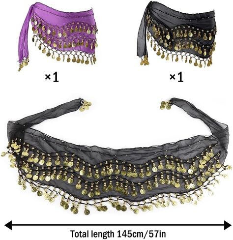 2 Pieces Belly Dance Hip Scarf, Belly Dancing Skirt with 128 Gold Coins, Belly Dance Hip Skirt, Belly Dancing Skirt Hip Scarves, for Belly Dance Yoga Class, Women (Black, Purple) in Saudi Arabia
