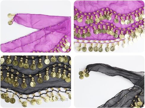 2 Pieces Belly Dance Hip Scarf, Belly Dancing Skirt with 128 Gold Coins, Belly Dance Hip Skirt, Belly Dancing Skirt Hip Scarves, for Belly Dance Yoga Class, Women (Black, Purple) in Saudi Arabia