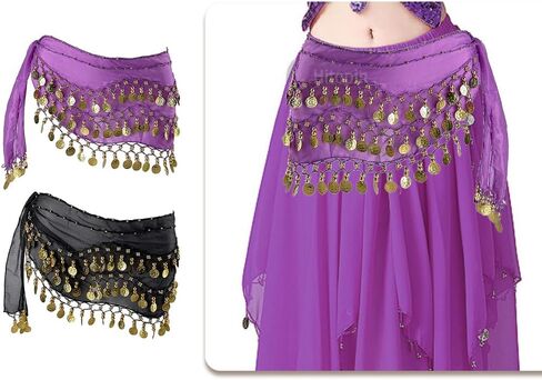 2 Pieces Belly Dance Hip Scarf, Belly Dancing Skirt with 128 Gold Coins, Belly Dance Hip Skirt, Belly Dancing Skirt Hip Scarves, for Belly Dance Yoga Class, Women (Black, Purple) in Saudi Arabia
