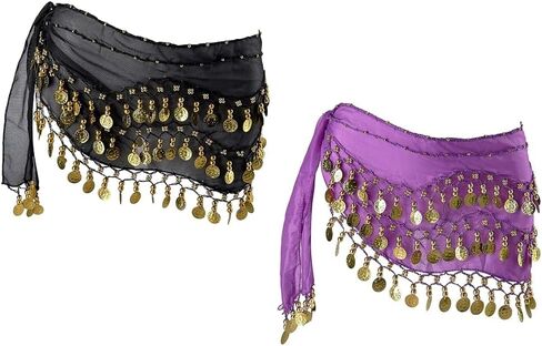 2 Pieces Belly Dance Hip Scarf, Belly Dancing Skirt with 128 Gold Coins, Belly Dance Hip Skirt, Belly Dancing Skirt Hip Scarves, for Belly Dance Yoga Class, Women (Black, Purple) in Saudi Arabia