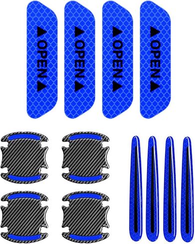 RUANTE 12 قطعة مجموعة ملصقات عاكسة قوية للسيارة لصندوق السيارة SUV-8 قطع واقي مقبض الباب من ألياف الكربون، 4 قطع ملصقات عاكسة للتحذير من فتح الباب (أزرق) in Kuwait