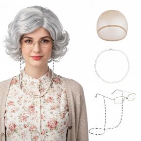 5Pcs Old Lady Wig Set for Women, Short Grey Curly Grandma Wig with Wig Cap, Pearl Necklace, Glasses & Chain - Old Lady Costume for Halloween Cosplay Role Playing Party (Light Grey) in Kuwait