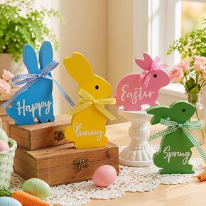 ديكور عيد الفصح، 4 قطع زينة عيد الفصح الربيعي لطاولة المكتب المنزلية، 5 ~ 6.4 بوصة زينة عيد الفصح أرنب خشبي مع أشرطة لرف صينية متدرجة، لوازم حفلات المزرعة in Kuwait