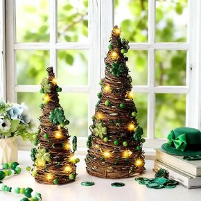 Soulchen 2 Pcs St. Patrick's Day Rattan Cone Tree Table Centerpieces Decorative Rattan Table Tree with Shamrock and Berries LED Lights for Irish Home Shelf Festival Indoor Outdoor Party Decoration in Saudi Arabia