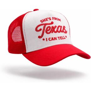 قبعة سائق الشاحنة باللونين الأحمر والأبيض مع نص غربي، Lone Star Texas Girl Pride، خياطة متباينة، قبعة سائق الشاحنة ذات موضوع حفلة موسيقى الريف in Kuwait