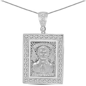 24 Grams Real Genuine Sterling Silver 14K Gold Finish 2.00 Ctw. Simulated Diamond Jesús Malverde Sinaloa Narco-Saint Protección Medalla Frame Charm Pendant Free Chain Neckless 2 Inch in Kuwait