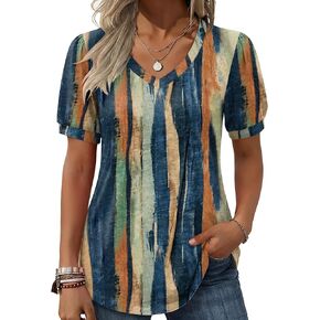 Zeagoo Women's Puff Short Sleeve Boho Shirts Casual V Neck Floral Solid Summer Blouse Pleated Tunic Top in Kuwait