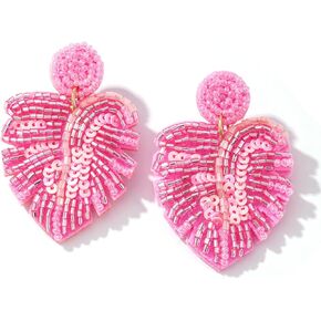 Beaded palm leaf earrings boho - handmade tropical Monstera dangle earrings for summer beach vacation in Saudi Arabia