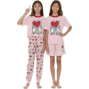 Keith Haring Youth 3-Piece Cotton Blend Pajama Set, Short Sleeve Crew Neck Top with Jogger Pants & Shorts 7-20 in Saudi Arabia