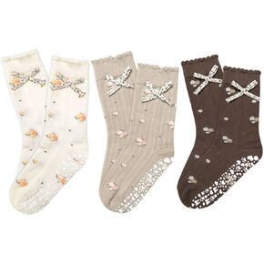 3 أزواج من الجوارب البيلاتيس اللطيفة للنساء ذات القوس المكشكش نمط الأزهار جوارب غير قابلة للانزلاق لليوجا، باري، حافي القدمين in Kuwait