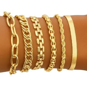 مجموعة أساور سلسلة مطلية بالذهب 14 قيراط - مشبك ورق قابل للتكديس، حبل، ثعبان، سلسلة أساور فيجارو، هدايا عيد الفصح، حشو بيض عيد الفصح، أساسيات مجوهرات عيد ميلاد الصديقة للنساء، 6 قطع in Kuwait