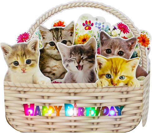 Musical Cat Birthday Pop-Up Card with LED Lights – 2 Happy Birthday Songs Meows & Violin – Cute Kittens in Flower Basket – Light Up 3D Greeting Card for Cat Lovers, Kids, Women, Friends in Saudi Arabia