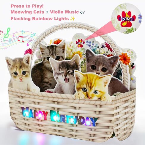 Musical Cat Birthday Pop-Up Card with LED Lights – 2 Happy Birthday Songs Meows & Violin – Cute Kittens in Flower Basket – Light Up 3D Greeting Card for Cat Lovers, Kids, Women, Friends in Saudi Arabia