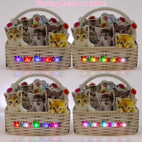 Musical Cat Birthday Pop-Up Card with LED Lights – 2 Happy Birthday Songs Meows & Violin – Cute Kittens in Flower Basket – Light Up 3D Greeting Card for Cat Lovers, Kids, Women, Friends in Saudi Arabia