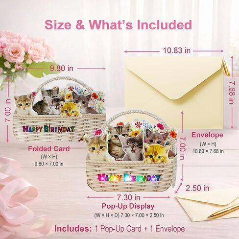 Musical Cat Birthday Pop-Up Card with LED Lights – 2 Happy Birthday Songs Meows & Violin – Cute Kittens in Flower Basket – Light Up 3D Greeting Card for Cat Lovers, Kids, Women, Friends in Saudi Arabia
