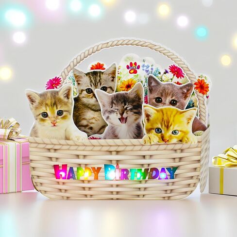 Musical Cat Birthday Pop-Up Card with LED Lights – 2 Happy Birthday Songs Meows & Violin – Cute Kittens in Flower Basket – Light Up 3D Greeting Card for Cat Lovers, Kids, Women, Friends in Saudi Arabia