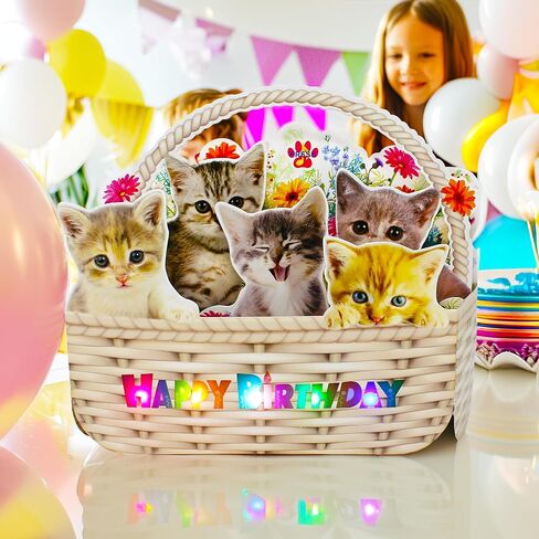 Musical Cat Birthday Pop-Up Card with LED Lights – 2 Happy Birthday Songs Meows & Violin – Cute Kittens in Flower Basket – Light Up 3D Greeting Card for Cat Lovers, Kids, Women, Friends in Saudi Arabia