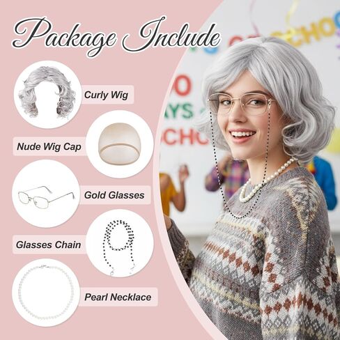 5Pcs Old Lady Wig Set for Women, Short Grey Curly Grandma Wig with Wig Cap, Pearl Necklace, Glasses & Chain - Old Lady Costume for Halloween Cosplay Role Playing Party (Light Grey) in Saudi Arabia