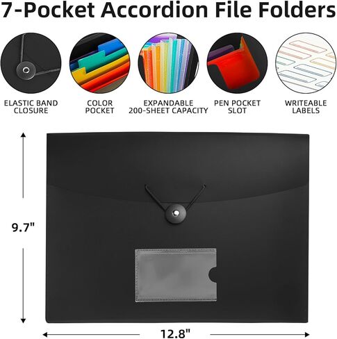 منظم ملفات أكورديان 7 جيوب مجلد ملفات قابل للتوسيع مع ملصقات، مجلد ملفات بلاستيكي قابل للتوسيع للمستندات وأوراق بحجم A4 - 7 عبوات باللون الأسود in Kuwait