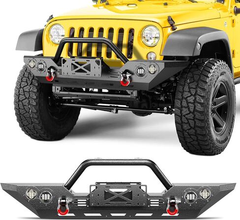 KYX Heavy-Duty Winch Bumper for Jeep Wrangler JK/JKU (2007-2018) & JL/JLU (2018-2024) | Gladiator JT Compatible (2020-2024) | Bull Bar with 4x LED Lights & D-Rings, Off-Road Front Bumper, Black in Saudi Arabia