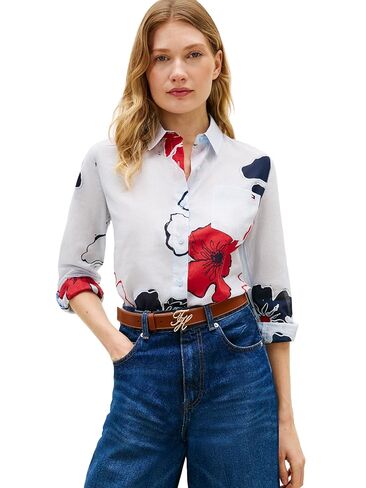 Tommy Hilfiger Women's Cotton Poplin Long Sleeve Button Down Shirt in Regular Fit with Roll Up Sleeve in Saudi Arabia