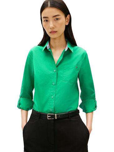 Tommy Hilfiger Women's Cotton Poplin Long Sleeve Button Down Shirt in Regular Fit with Roll Up Sleeve in Saudi Arabia