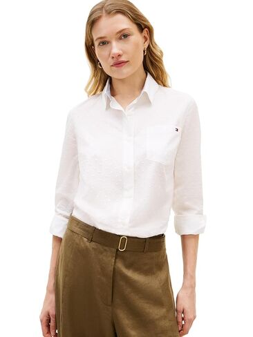 Tommy Hilfiger Women's Cotton Poplin Long Sleeve Button Down Shirt in Regular Fit with Roll Up Sleeve in Saudi Arabia