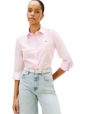 Tommy Hilfiger Women's Cotton Poplin Long Sleeve Button Down Shirt in Regular Fit with Roll Up Sleeve in Saudi Arabia