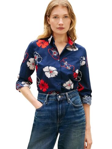 Tommy Hilfiger Women's Cotton Poplin Long Sleeve Button Down Shirt in Regular Fit with Roll Up Sleeve in Saudi Arabia