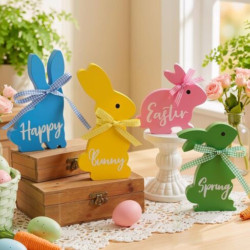 ديكور عيد الفصح، 4 قطع زينة عيد الفصح الربيعي لطاولة المكتب المنزلية، 5 ~ 6.4 بوصة زينة عيد الفصح أرنب خشبي مع أشرطة لرف صينية متدرجة، لوازم حفلات المزرعة in Kuwait