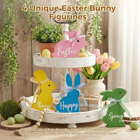 ديكور عيد الفصح، 4 قطع زينة عيد الفصح الربيعي لطاولة المكتب المنزلية، 5 ~ 6.4 بوصة زينة عيد الفصح أرنب خشبي مع أشرطة لرف صينية متدرجة، لوازم حفلات المزرعة in Kuwait