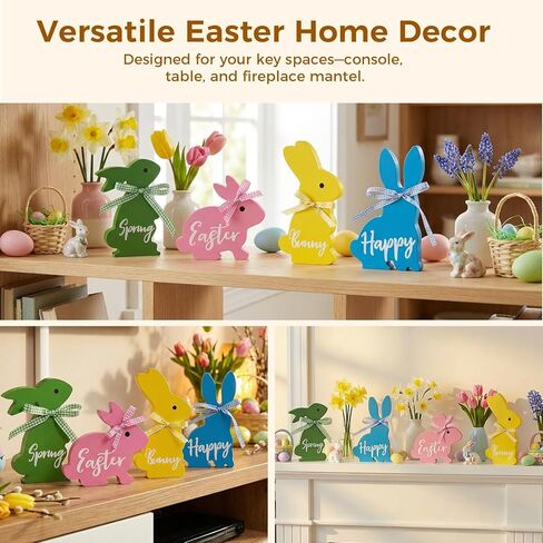 ديكور عيد الفصح، 4 قطع زينة عيد الفصح الربيعي لطاولة المكتب المنزلية، 5 ~ 6.4 بوصة زينة عيد الفصح أرنب خشبي مع أشرطة لرف صينية متدرجة، لوازم حفلات المزرعة in Kuwait