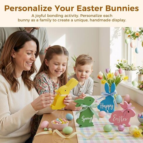 ديكور عيد الفصح، 4 قطع زينة عيد الفصح الربيعي لطاولة المكتب المنزلية، 5 ~ 6.4 بوصة زينة عيد الفصح أرنب خشبي مع أشرطة لرف صينية متدرجة، لوازم حفلات المزرعة in Kuwait