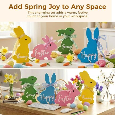 ديكور عيد الفصح، 4 قطع زينة عيد الفصح الربيعي لطاولة المكتب المنزلية، 5 ~ 6.4 بوصة زينة عيد الفصح أرنب خشبي مع أشرطة لرف صينية متدرجة، لوازم حفلات المزرعة in Kuwait